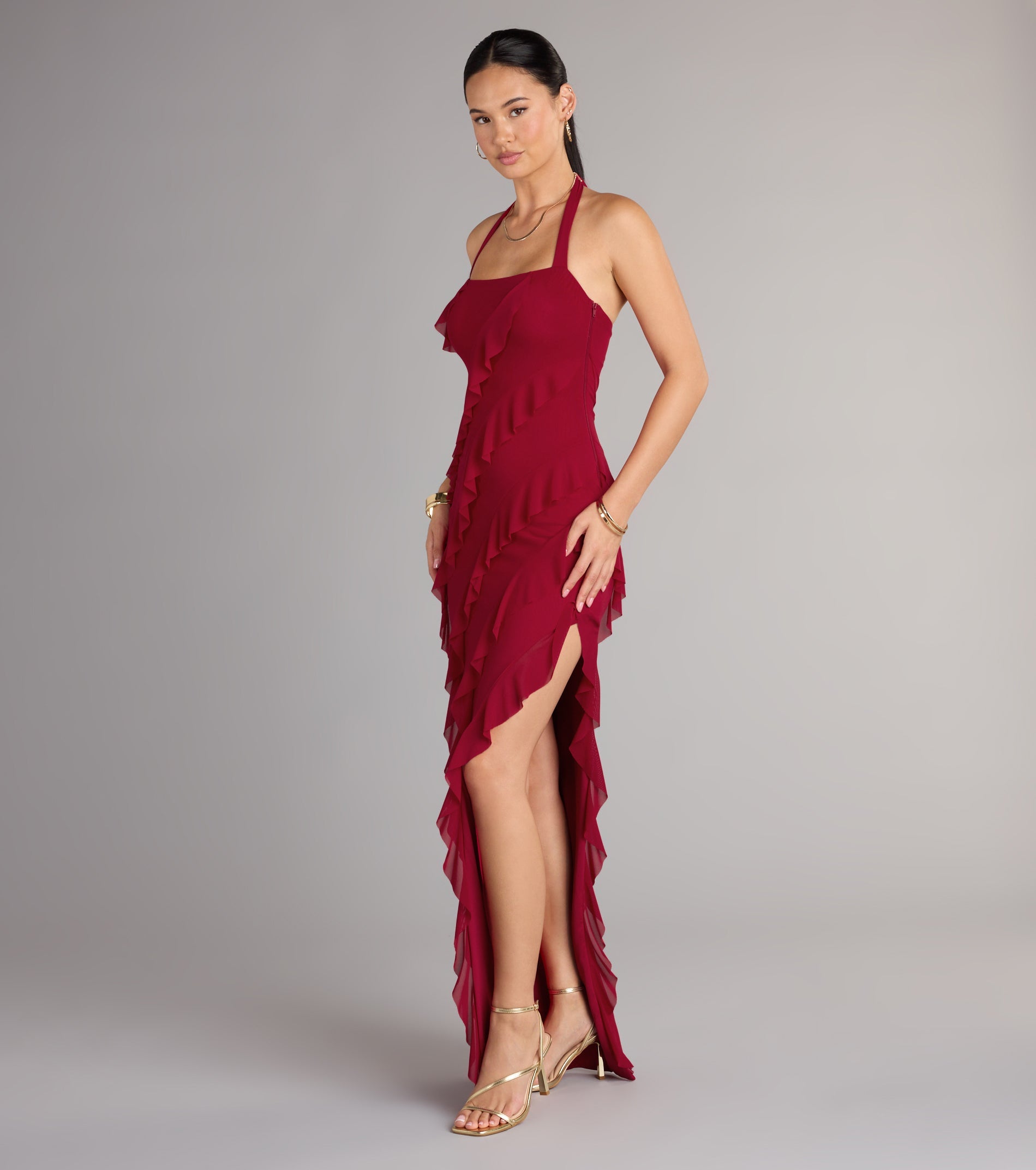 Marley Halter Ruffle Slit Formal Dress
