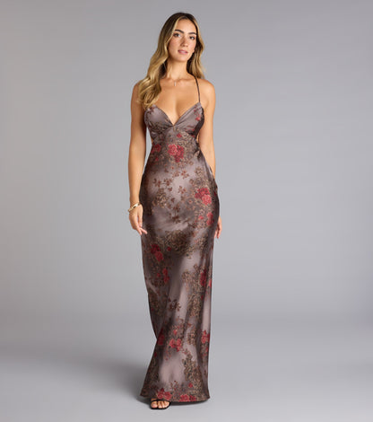 Adaline Floral Satin Open Back Formal Dress