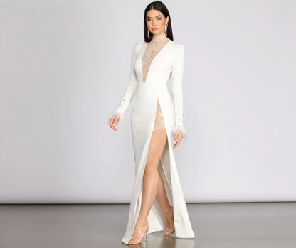 Beka Mesh And Heat Stone High Slit Dress