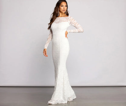 Priscilla Scalloped Lace Boat Neck Mermaid Dress