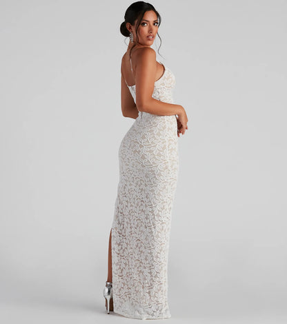 Dixie Lace Mesh High-Slit Formal Dress