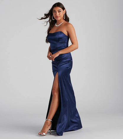 Gianna Strapless High-Slit Satin Dress