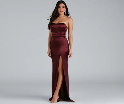 Gianna Strapless High-Slit Satin Dress