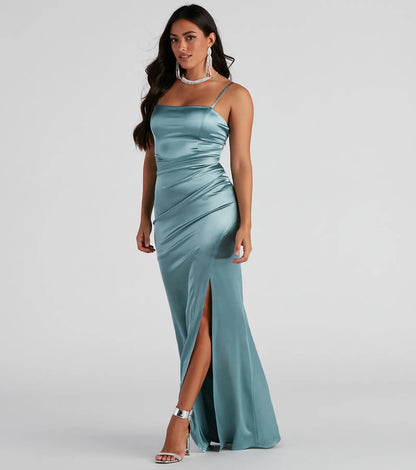 Evie Formal Ruched Satin Sleeveless Dress