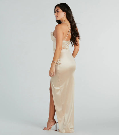 Stella Satin Cowl Neck High Slit Formal Dress