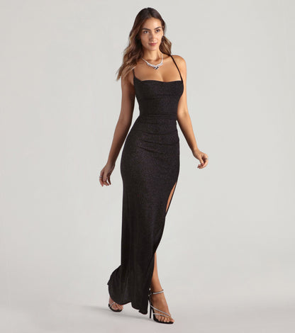 Amirah Formal Glitter Cowl Neck Column Dress