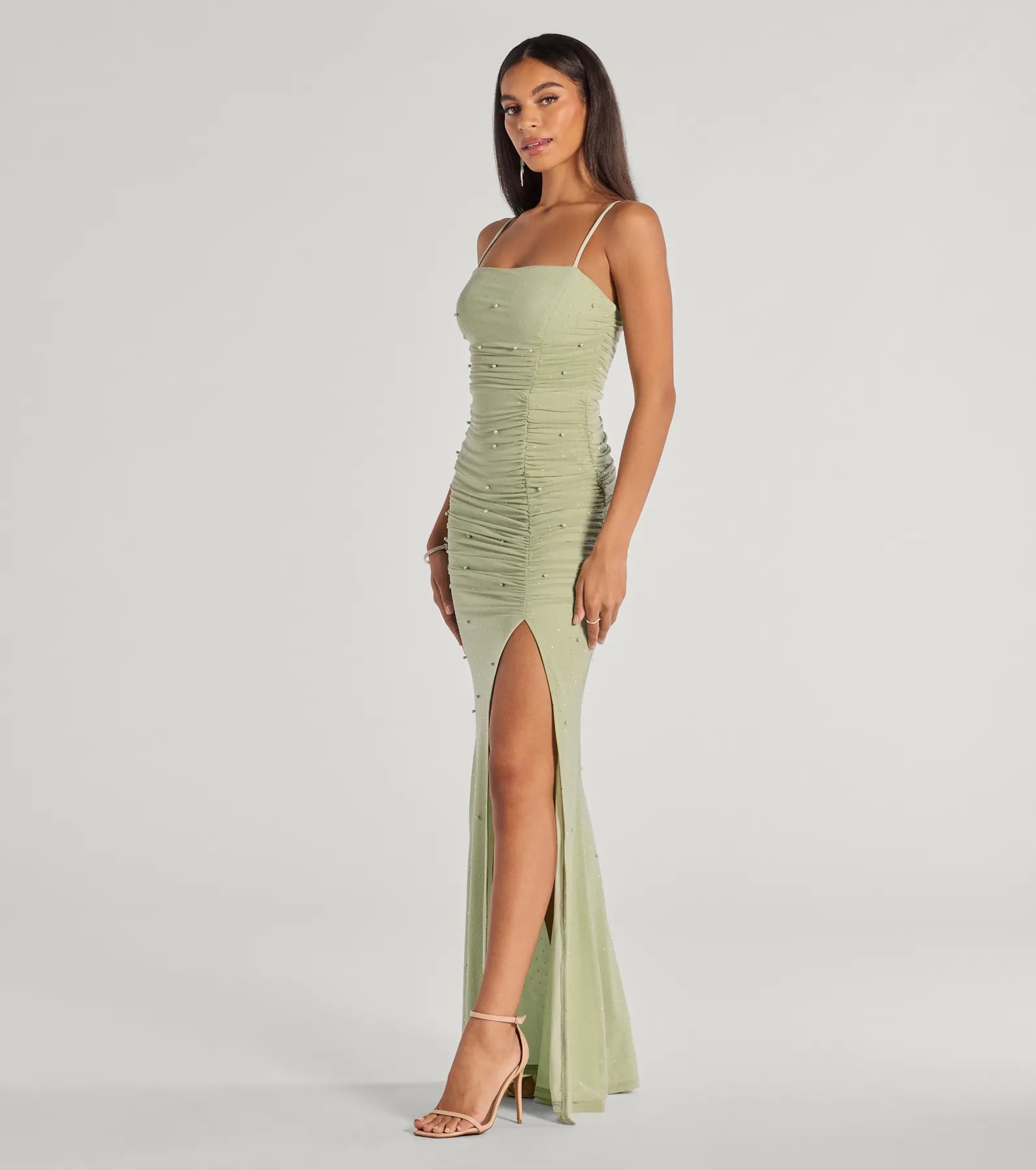 Annika Pearl And Rhinestone Ruched Mesh Mermaid Dress