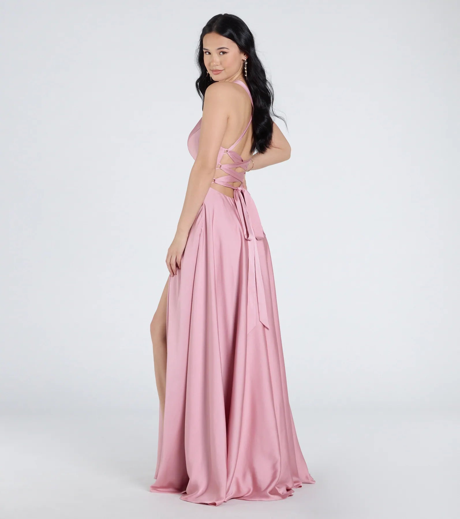 Abbey Lace-Up Slit A-Line Satin Formal Dress