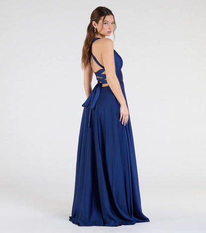 Abbey Lace-Up Slit A-Line Satin Formal Dress