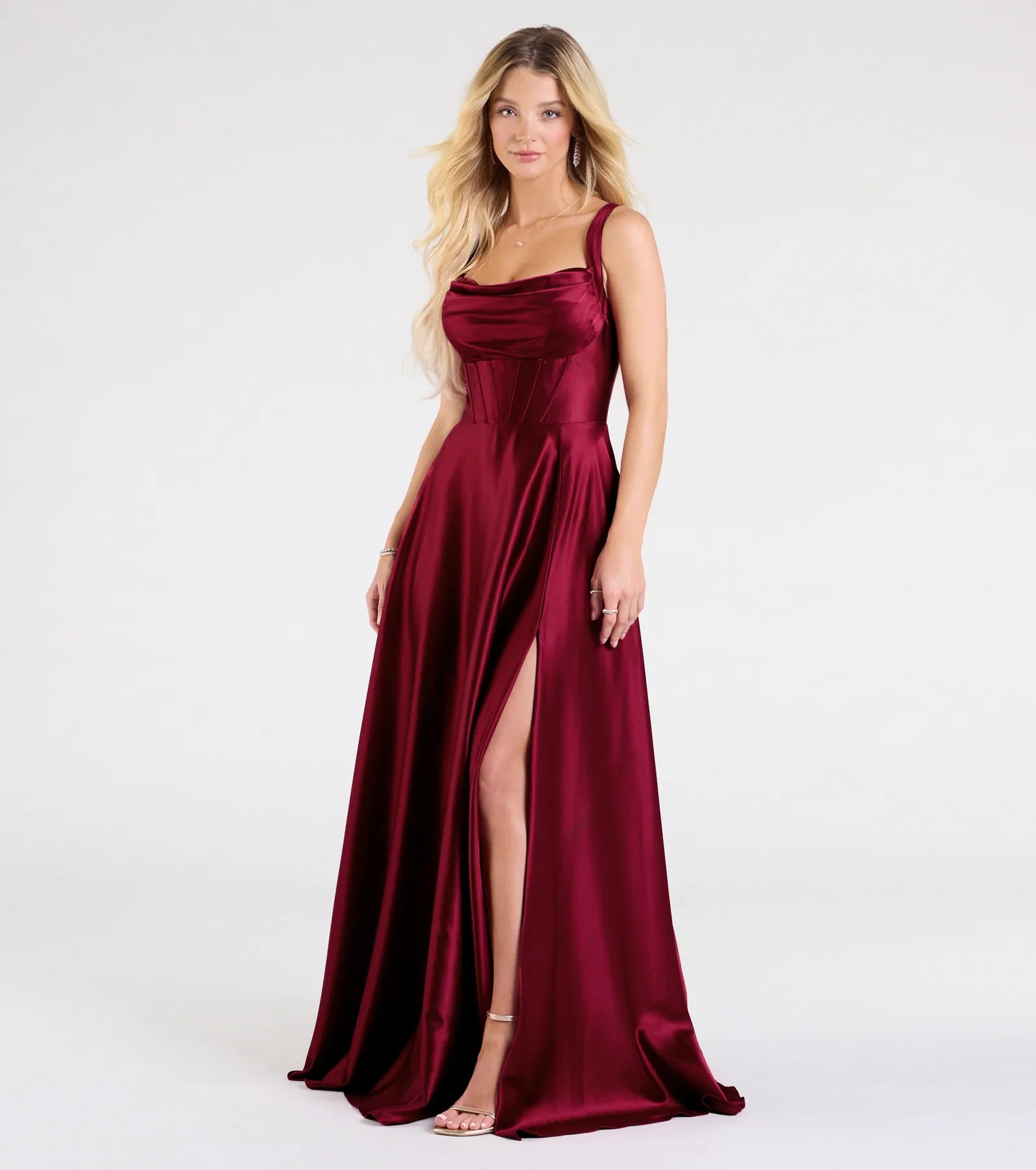 Daphne Corset Slit A-Line Satin Formal Dress