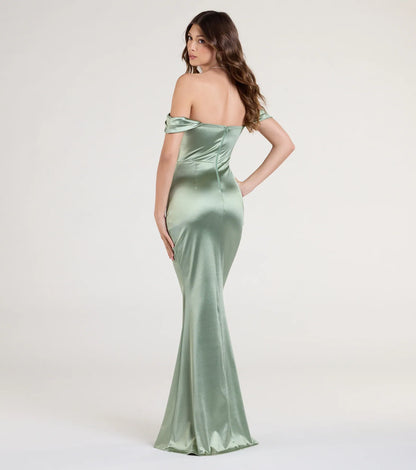 Belinda Off-The-Shoulder Slit Satin Formal Dress
