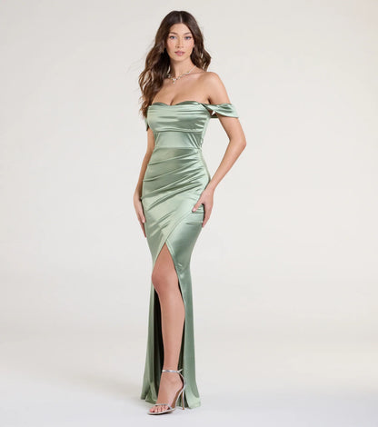 Belinda Off-The-Shoulder Slit Satin Formal Dress
