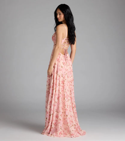 Ysabella Lace-Up A-Line Floral Chiffon Formal Dress