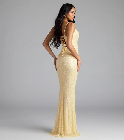 Hollie Lace-Up Mermaid Sequin Beaded Formal Dress
