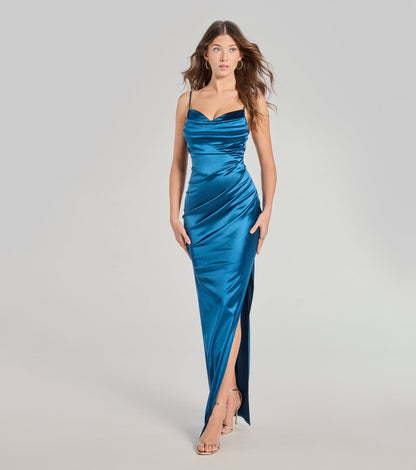 Jane Cowl Neck Slit Satin Formal Column Dress