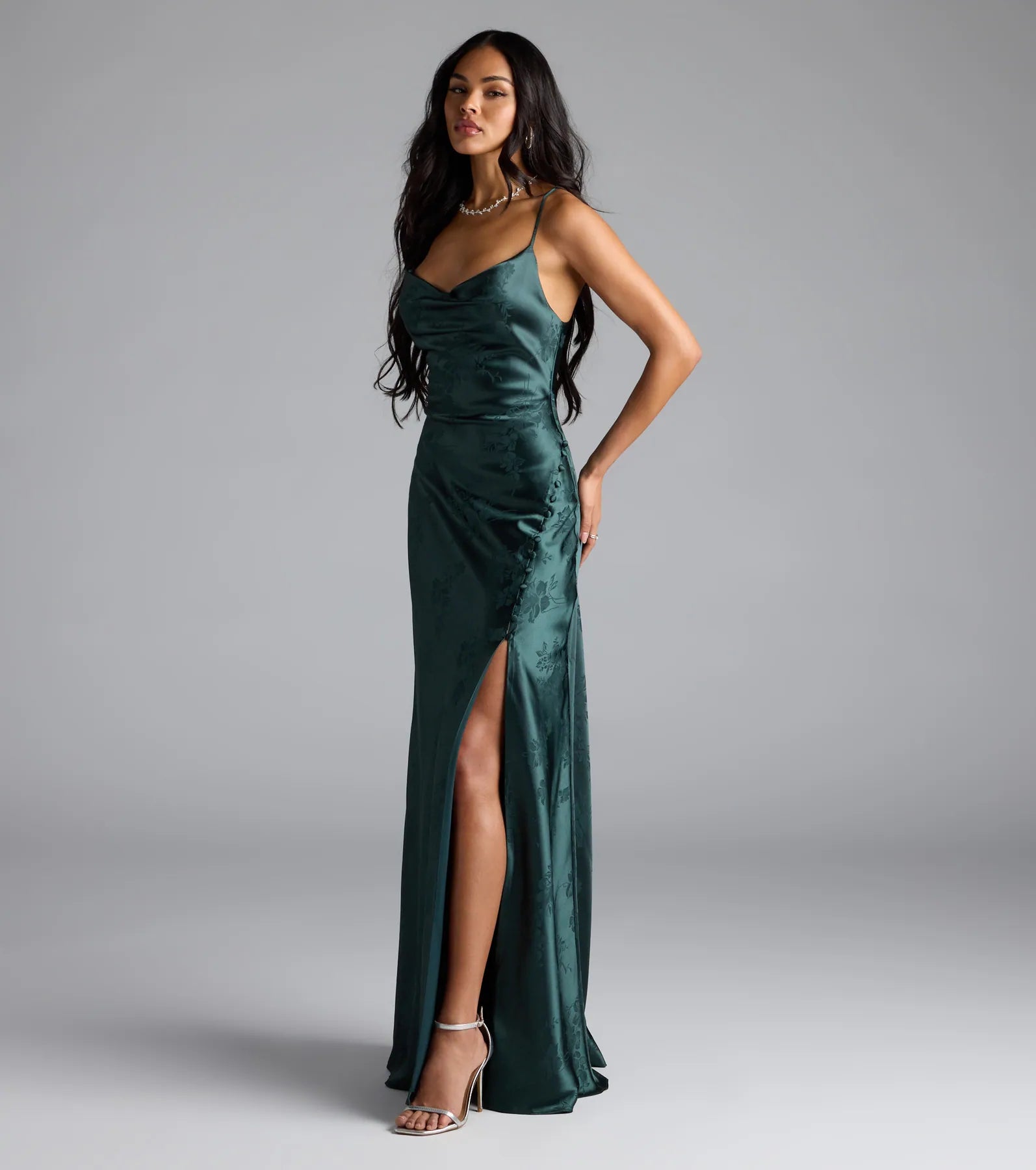 Gigi Cowl Neck Button Slit Satin Formal Dress