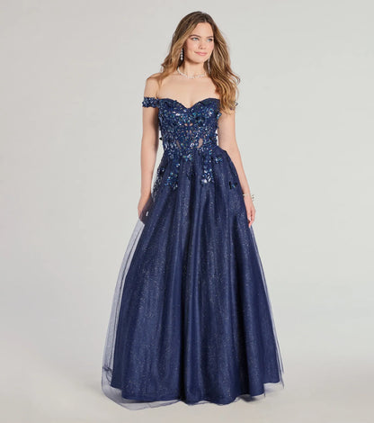 Sofia Off-The-Shoulder Corset Lace-Up Glitter Ball Gown