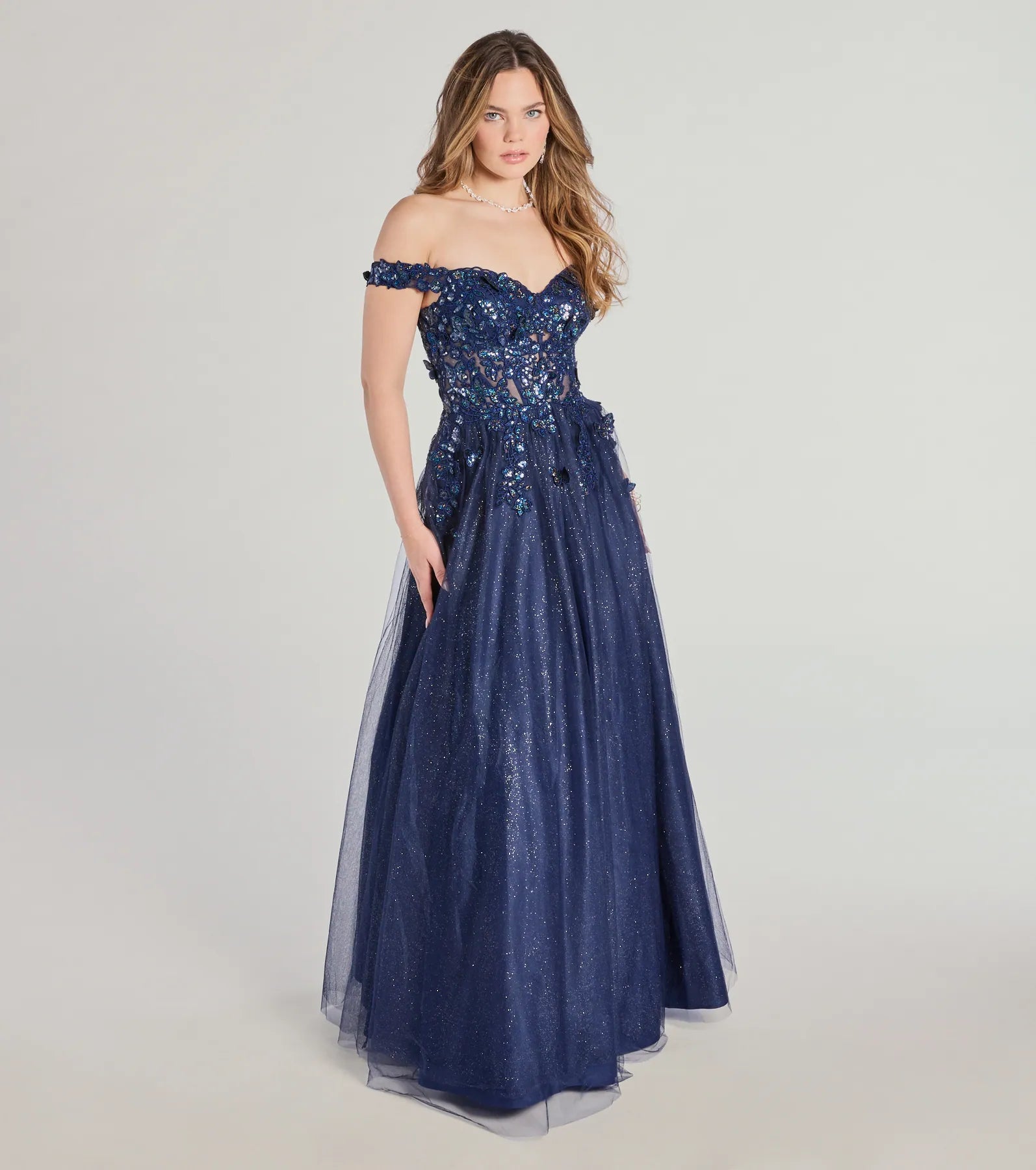 Sofia Off-The-Shoulder Corset Lace-Up Glitter Ball Gown