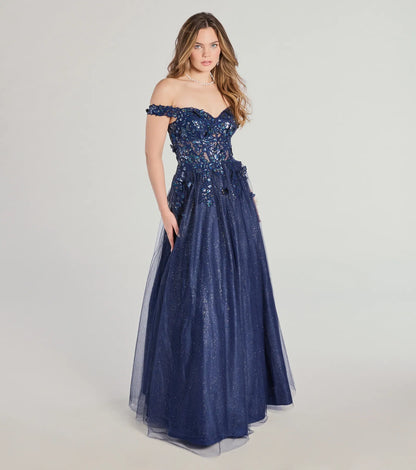 Sofia Off-The-Shoulder Corset Lace-Up Glitter Ball Gown