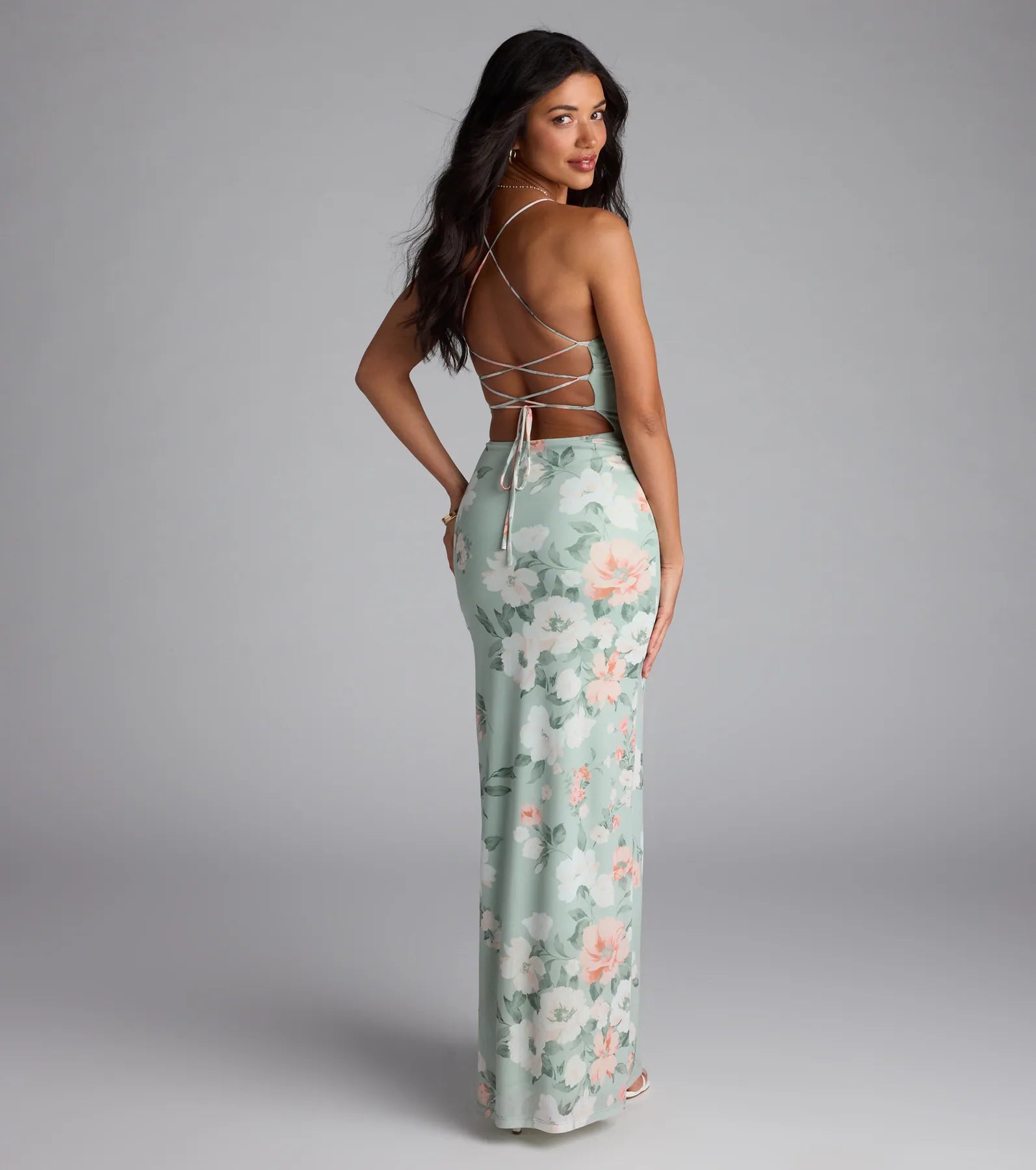 Laced-Up Masterpiece Floral Slit Maxi Dress