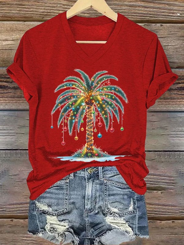 Christmas Presents And Palm Trees Print V-neck Women's T-shirt