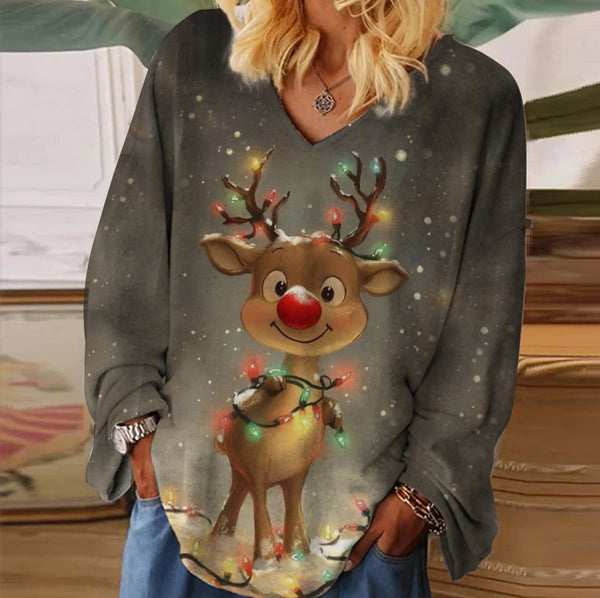 Christmas Lights Elk Printed V-Neck Long Sleeves Women's T-shirt
