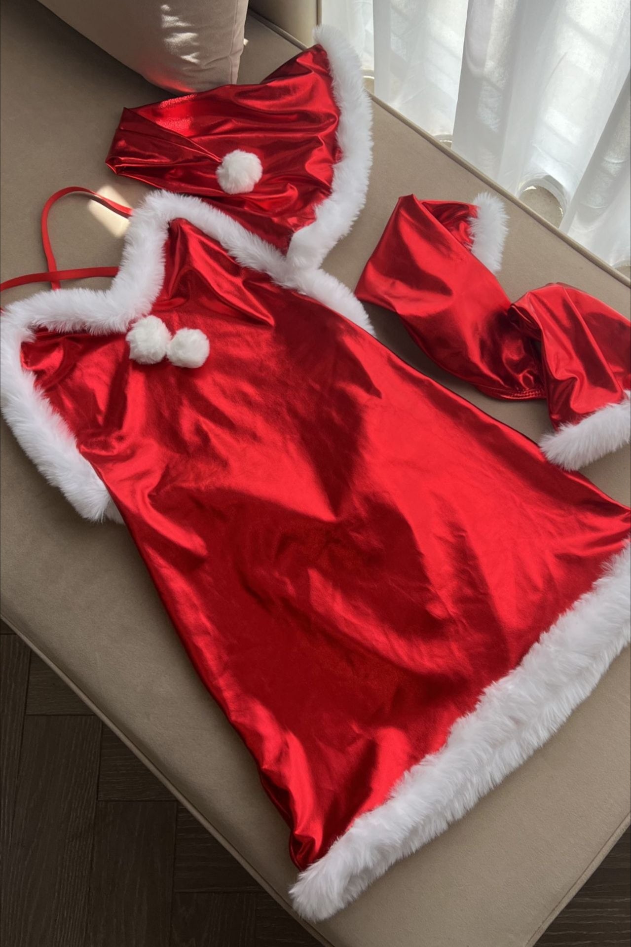 Christmas Sexy Open Back Spaghetti Strap Waist-Cinched Shiny Furry Party Dress