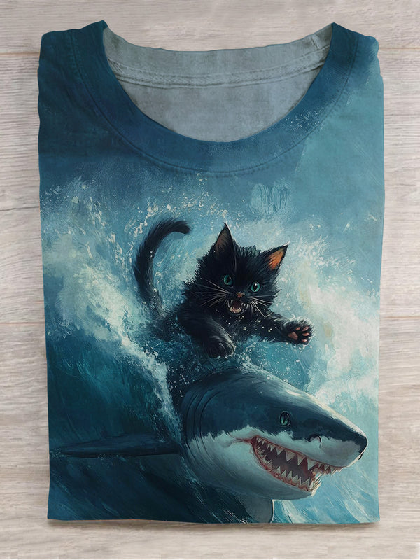 Shark Black Cat Art Print T-shirt