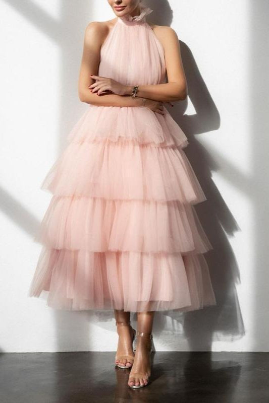 Blue Tiered Ruffle Mesh Party Dress