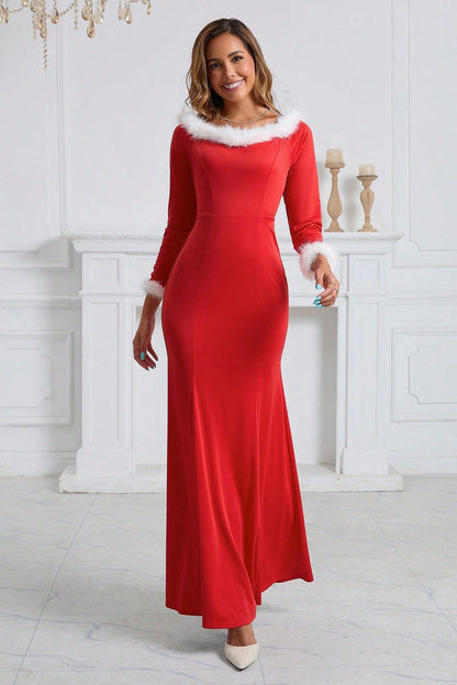Christmas Elegant Slim Fit Long Sleeve Fuzzy Trim Party Dress