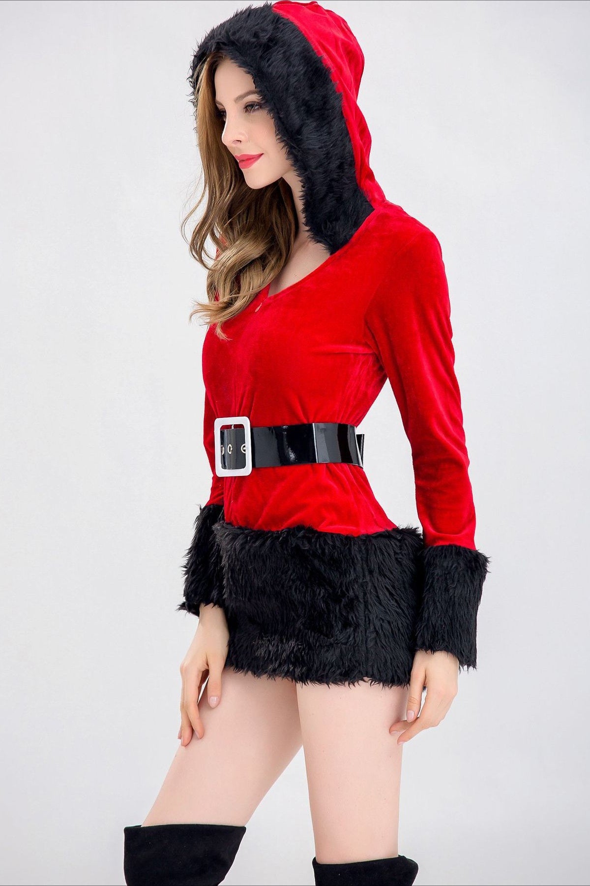 Christmas Hooded V-Neck Fuzzy Sexy  Party Dress