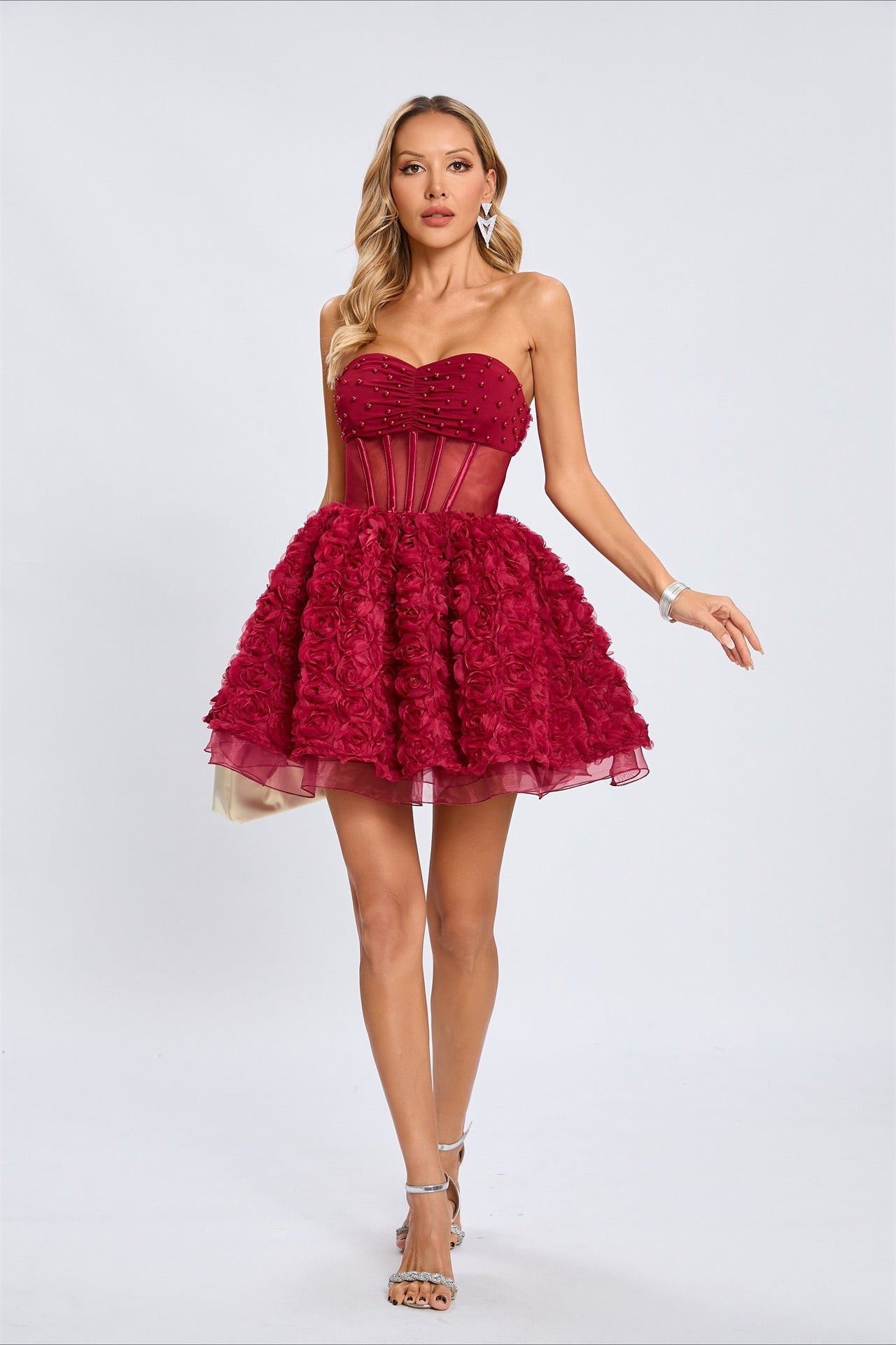 Beaded Strapless Puff Party Dress