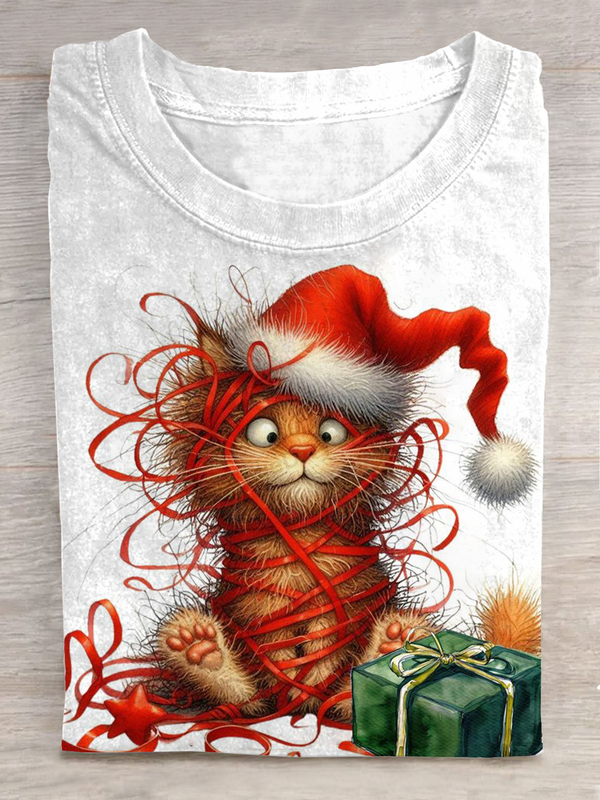 Funny Cat Art Printed Crew Neck Casual T-shirt