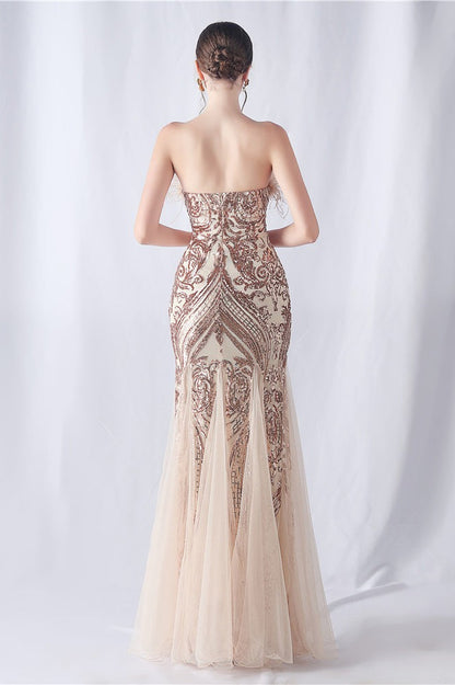 Ostrich Feather Sequin Evening Party Dress