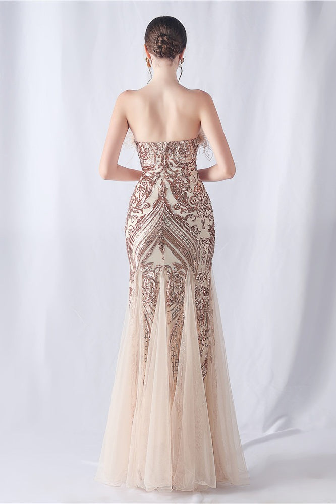 Ostrich Feather Sequin Evening Party Dress