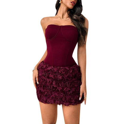 3D floral textured strapless skirt - MISMIPink-L--6003782942617