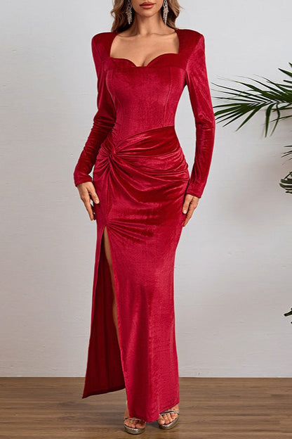 Elegant Long Sleeve Ruched Velvet Slit Fitted Waist Party Dress