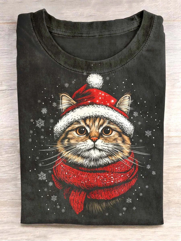 Christmas Cat Printed Crew Neck Women's T-shirt