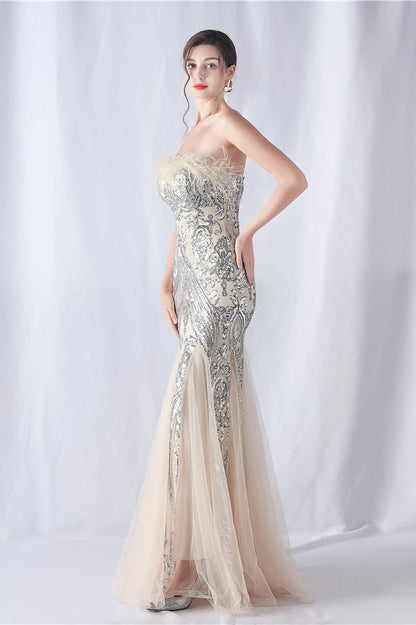 Ostrich Feather Sequin Evening Party Dress