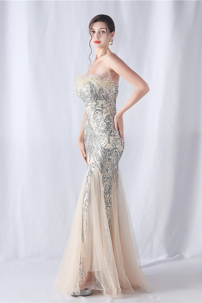 Ostrich Feather Sequin Evening Party Dress