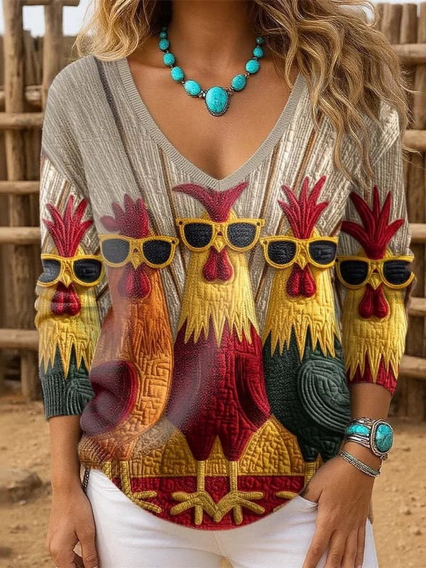 Funny Chicken Printed Women's V-Neck Sweatshirt