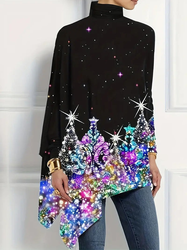 Christmas Snowflake Print Mid-Length Turtleneck Irregular Tops