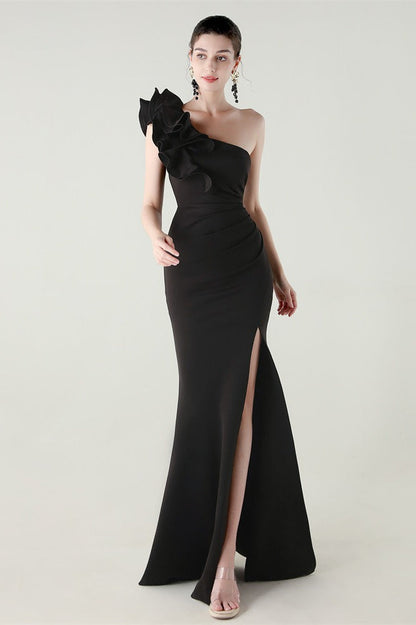 Ruffled Floral One Shoulder Satin Party Dress