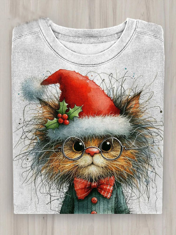 Christmas Scribbly Kitten Printed Crew Neck Women's T-shirt