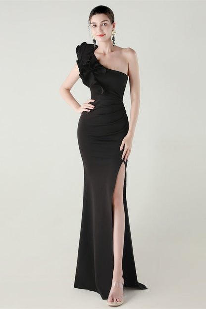 Ruffled Floral One Shoulder Satin Party Dress