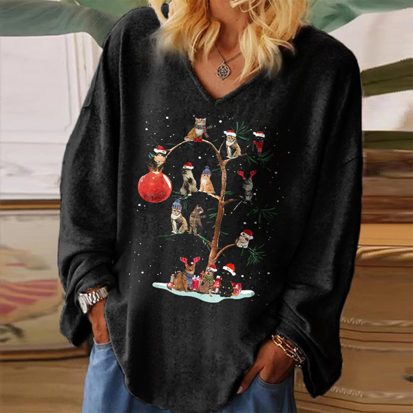 Christmas Cat Tree Print V-neck Women's T-shirt