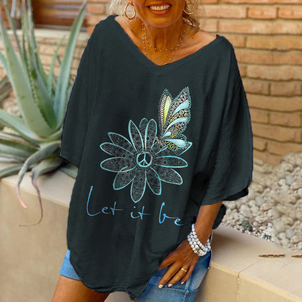 Oversized Let It Be Flowers Butterfly Printed Women Hippie T-shirt