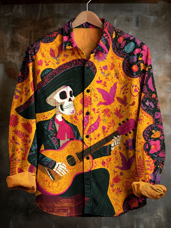 Retro Guitar Playing Skeleton Mexican Day of The Dead Art Print 100% Cotton Long Sleeve Shirt