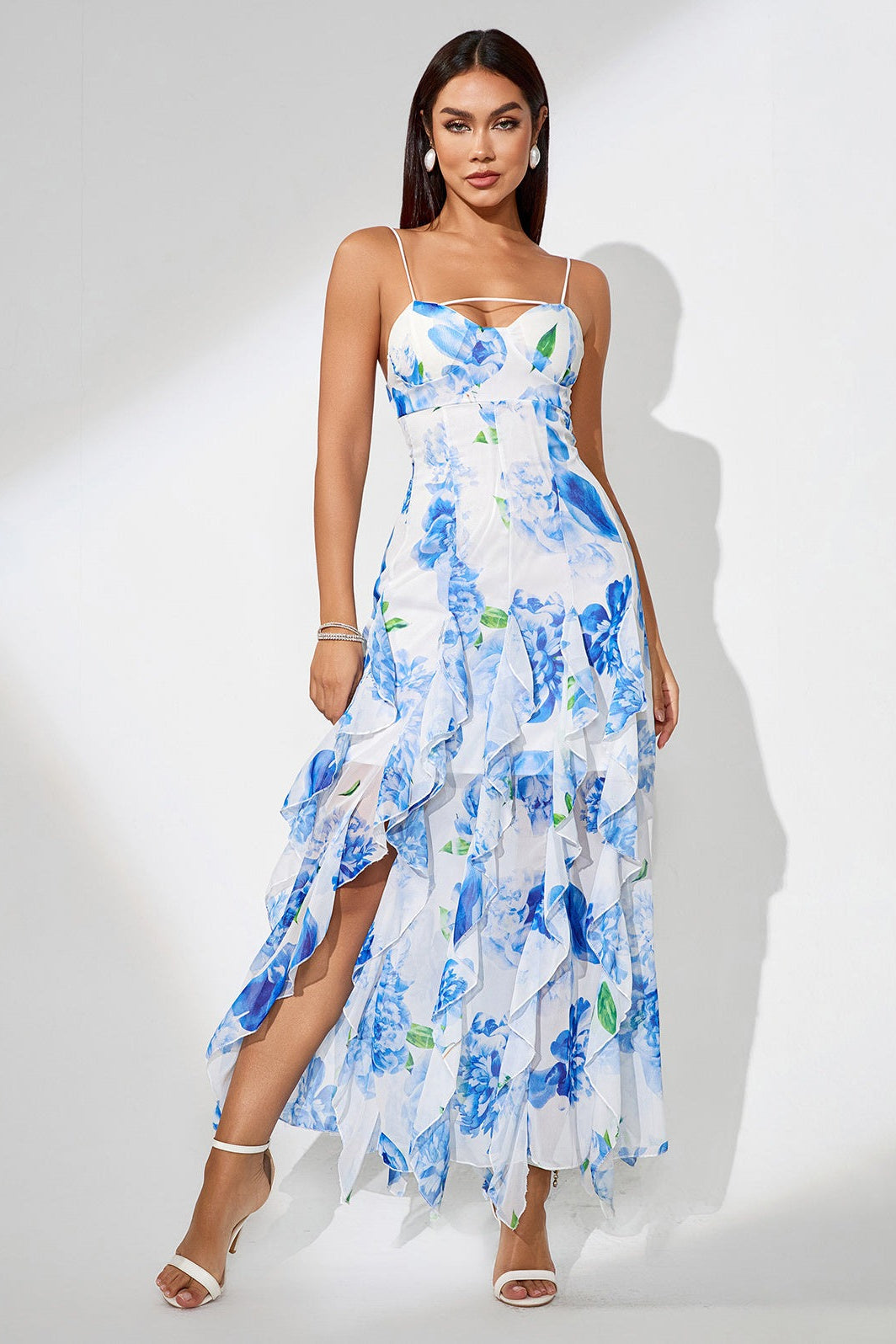 Slit Ruffled Floral Print Party Dress