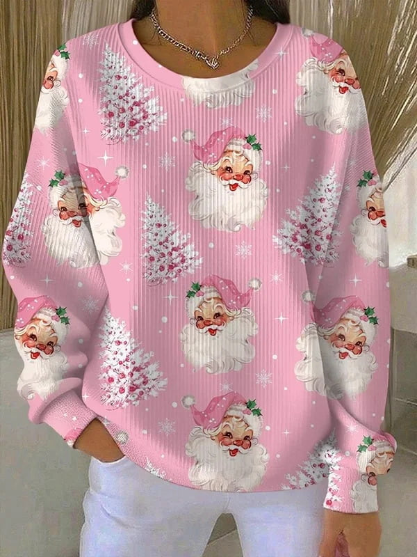 Pink Cute Santa Claus Printed Women's Oversized Sweatshirt
